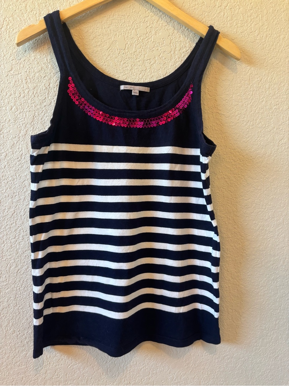 Gap Navy & White Striped Tank with Pink Sequin Accent Small